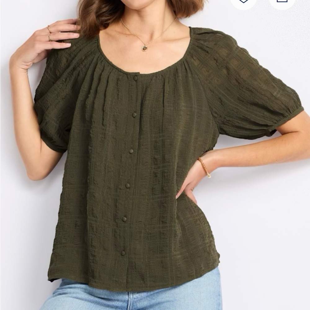 Stitch Fix / Pale Sky • Gennie Olive Green Puff Sleeve Button Front Blouse